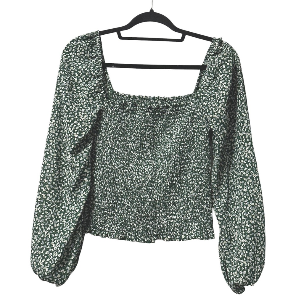 Abercrombie & Fitch Long Sleeve Ditsy Floral Smocked Puff Sleeve Top Green S